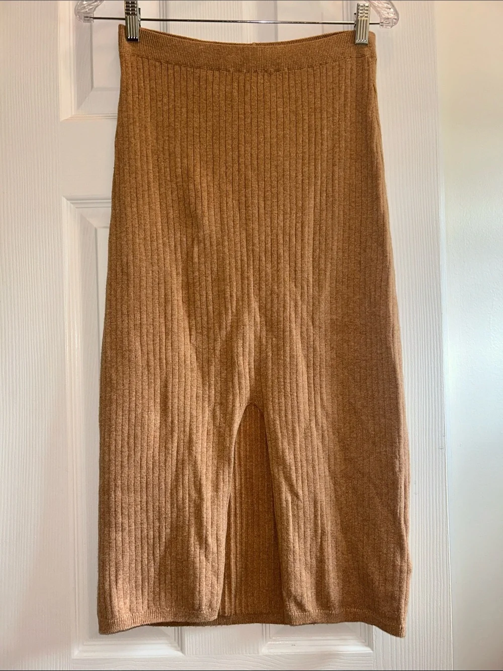 Free People Skyline Ribbed Midi Skirt in Camel Brown Tan Small Front Slit